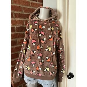 Mushroom Print Plush Hoodie Fairycore Cottagecore Cozy Fleece M Novelty print